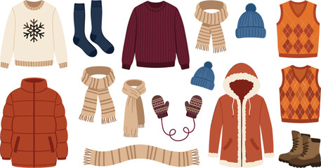 Warm winter fashion clothes and accessories vector collection with cozy sweaters, puffer jackets, parkas, knitted scarves, and woolen mittens isolated on white. © MdEajdani