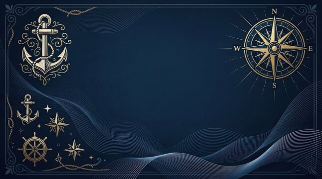 A dark blue background features a decorative border with a vintage compass rose and anchor. Stylized waves ripple across the lower portion of the image.