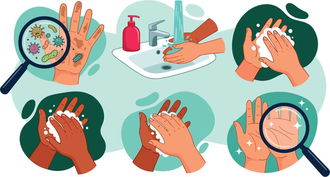 Hand washing technique vector set showing dirty hands with germs under magnifying glass, soap scrubbing, and clean sanitization process.