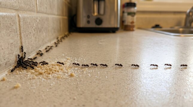 Pest control issue with ants crawling on kitchen counter. An insect infestation on granite countertop near bread crumbs with a toaster blurry in the domestic kitchen background.