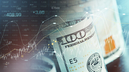 Fototapeta premium Chart shows money trends with coins and data during a recession period