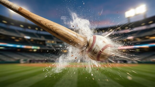 A baseball bat strikes a baseball with tremendous force, creating a dramatic splash of water. The background shows a blurred baseball stadium with lights and a green field.