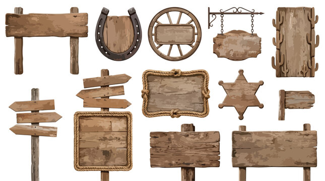 Rustic western wooden signs collection, vintage wild west wood planks and direction pointers, 12 isolated brown timber boards in EPS format