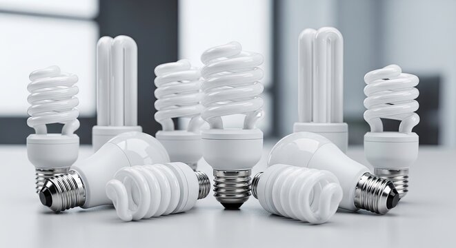 Several fluorescent light bulbs are arranged on a white surface. The bulbs vary in shape and size, including standard and compact fluorescent forms.