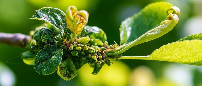 Plant with new leaves and pests on a branch during spring in a garden environment