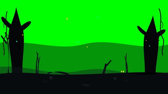 Animated mystical forest background with glowing particles and silhouettes