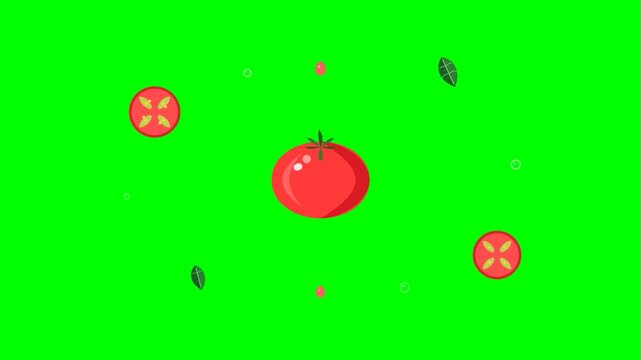 Animated Tomato With Slices And Leaves Rotating On Green Background