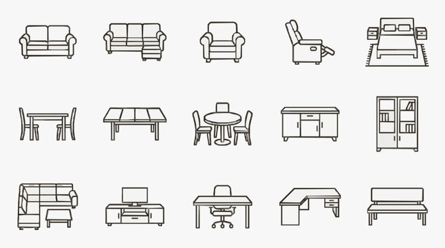 Corporate Minimalist Line Icons Set Showcasing Various Furniture Styles in Black and White for Office or Home Decor
