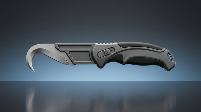 Hook blade knife 3D render curved edge cutting tool designed for controlled slicing packaging work and material handling