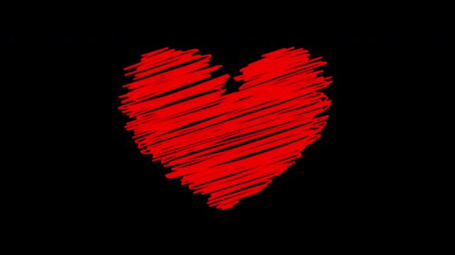 Animated red heart with scribbled texture on black background. 
