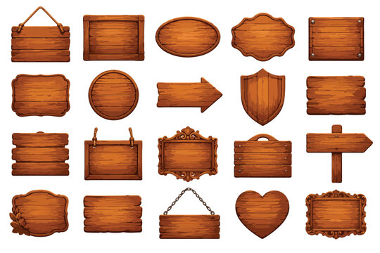 Rustic wooden signs collection, 20 vintage wood planks and hanging boards, brown timber frames and directional arrows vector set