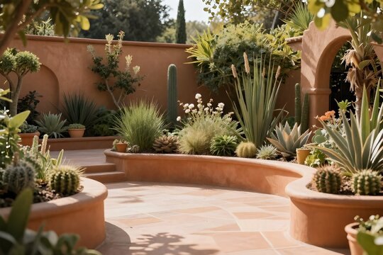 Luxury mediterranean-style terrace and succulent garden, high-end home and outdoor interior concept
