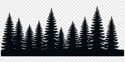 Minimalist black vector illustration showing a dense forest of pine trees arranged in a sharp clean silhouette against white background, Black silhouette of a dense forest of pine trees with textured  © Line pro