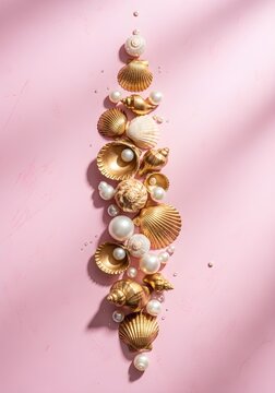 Beautiful vertical composition of golden sea shells and shiny pearls arranged on a soft pastel pink background