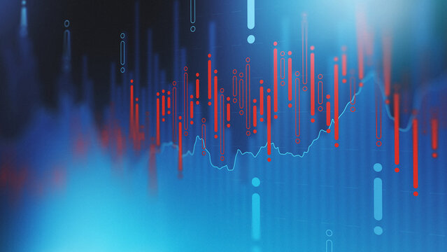 Stock exchange chart displays trading data with candlesticks and price movements