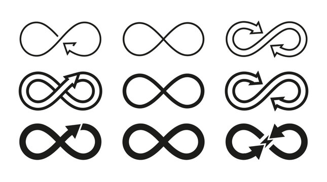 Black and white infinity symbol vector set with various arrow styles for modern graphic design