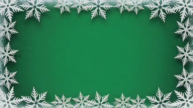 Christmas background with white snowflakes on green surface