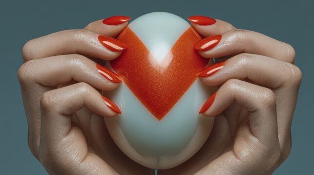 Close up of hands with red nail polish holding white egg with red heart shape, grey background, love concept