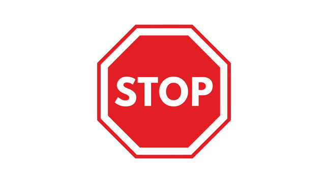 A bright red octagonal stop sign with bold white letters isolated on a white background