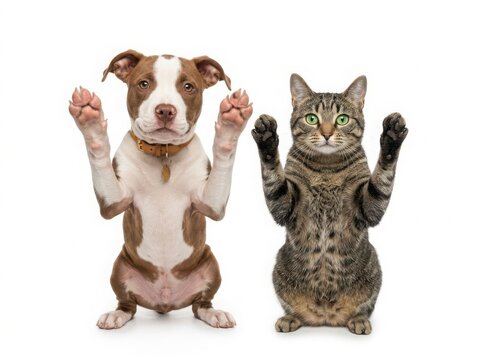 Cute funny dog and cat sitting together with their front paws raised up in the air looking at the camera as best friends isolated on white background