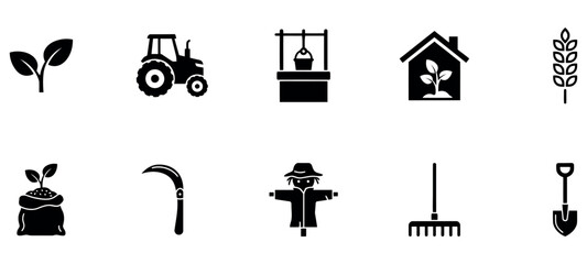 Fototapeta premium Set of black farming and agriculture icons representing rural life and gardening equipment tools.