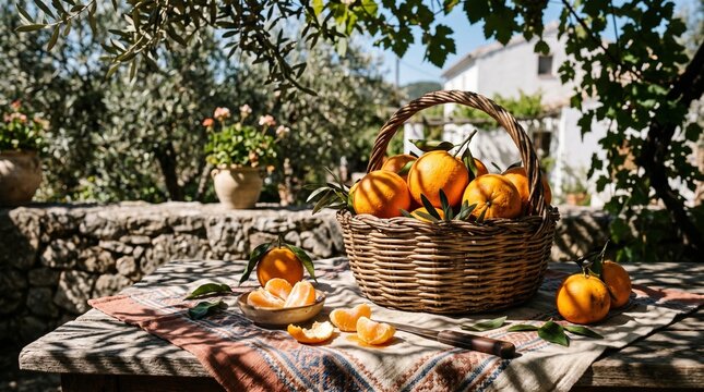 Freshly harvested bright orange citrus fruits inside a rustic woven basket on a wooden table