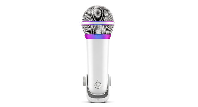 Modern white electric toothbrush with purple bristles on white background