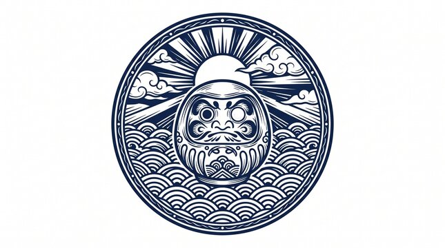 Traditional daruma doll illustration in japanese retro style circle frame