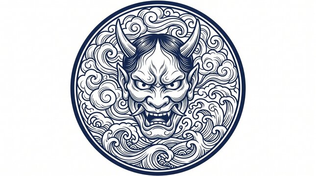 Traditional japanese hannya mask demon emblem illustration with japanese