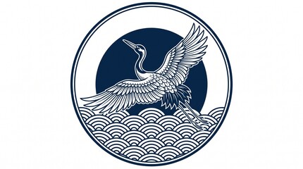 Flying crane bird over traditional waves emblem with japanese, wildlife © Create of God