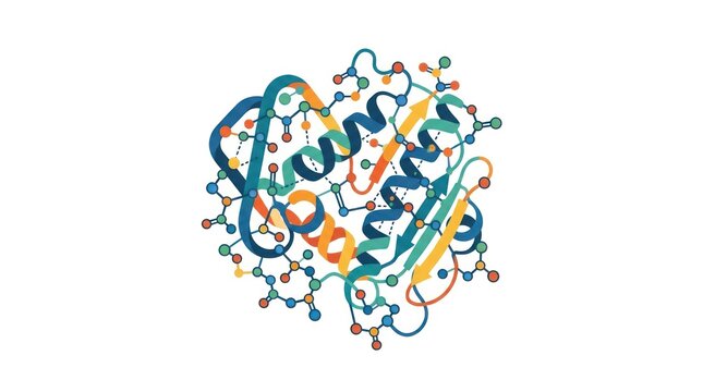 Intricate molecular illustration of a colorful protein structure showing its complex folding