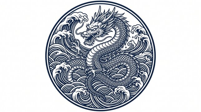 Mythical chinese dragon emerging from turbulent sea waves with mythical