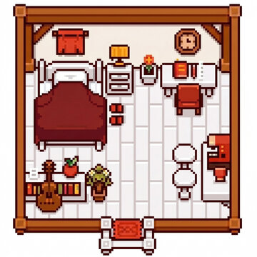 Pixel art cozy bedroom interior top down view with bed desk guitar plant and wooden floor game tileset vector