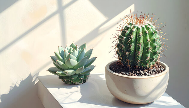 Healthy potted green cactus and succulent plants indoors on a white shelf with sunlight