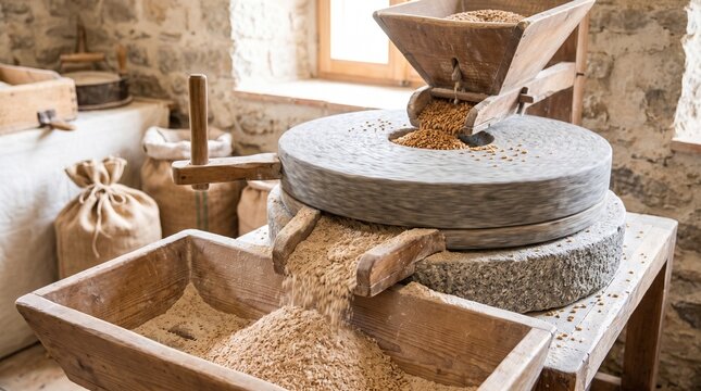 Stone grinding wheel flour meal in traditional mill interior  