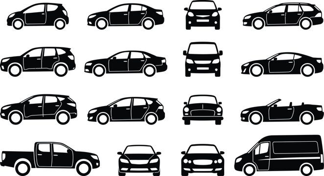 Black vector graphic illustration showing a collection of various car silhouettes including sedans suvs trucks and vans for automotive design