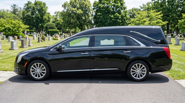 Black polished funeral hearse parked in cemetery with green trees  