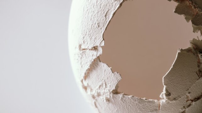 Cracked egg shell showing inside and texture in close up during bright light at home