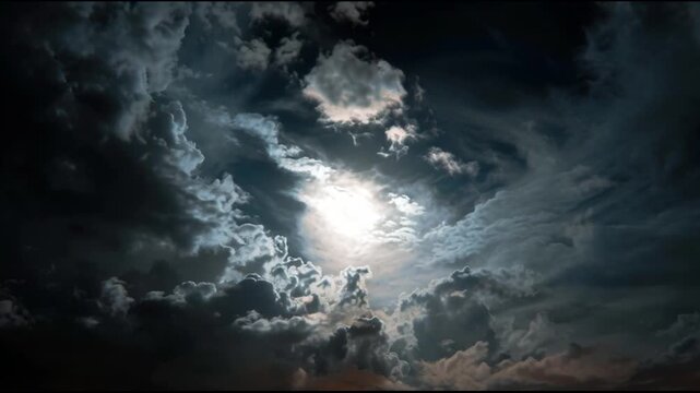 Moon shining through dark stormy clouds.