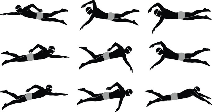 Black silhouette vector illustration of a professional swimmer performing various freestyle swimming strokes across a clean white isolated background surface