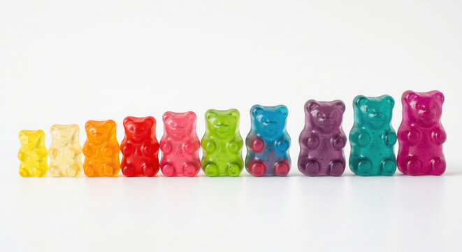 Colorful gummy bears arranged in a row from smallest to largest on a white background