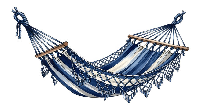 Illustrated indigo and white striped hemp hammock featuring wooden spreader bars, decorative macrame fringe tassels, and sturdy knotted ropes, isolated on a plain white background.