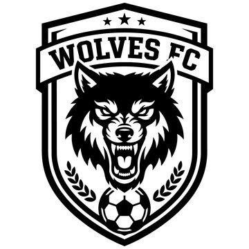 Wolves FC sports crest displays a fierce wolf head growling above a classic soccer ball graphic.