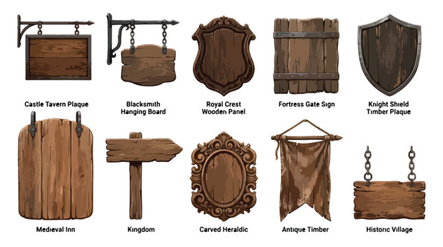Medieval wooden sign collection, vintage tavern plaques and fantasy game UI elements, 10 rustic timber boards and heraldic shields for rpg interface
