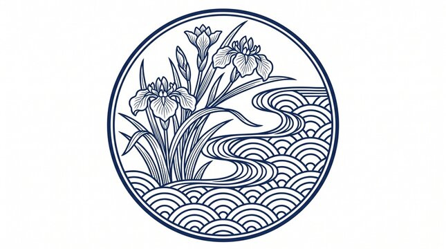 Traditional japanese style round emblem with iris flowers and flowing river