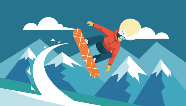 Snowboarder performing an extreme jump trick high in the air over snowy mountain peaks under a bright winter sun.
