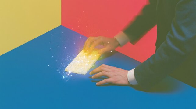 Person typing at a glowing keyboard with digital network overlay for big data and internet of things technology concepts