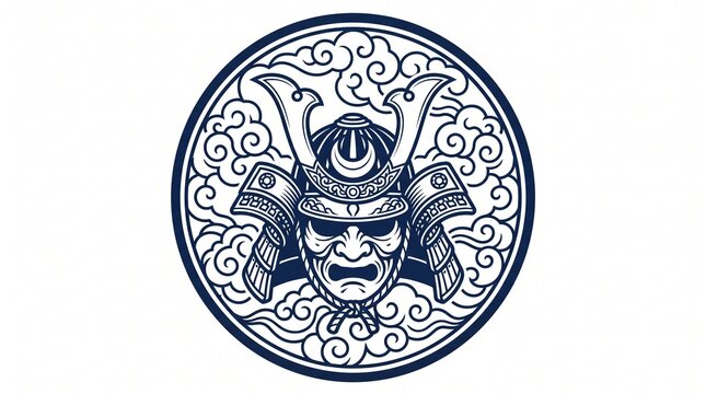 Japanese samurai helmet kabuto in clouds circle decorative illustration