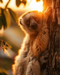 Fototapeta premium Diademed sifaka lemur clinging to a tree trunk in a golden sunlit forest, showing plush fur and gentle expression for wildlife and nature conservation