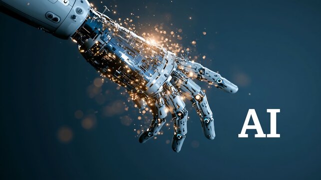 Robotic hand illuminated with sparkling particles, symbolizing the integration of AI into human-like forms.